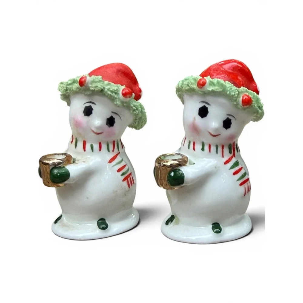 Vintage Napcoware Miniature Snowman Candle Holders Spaghetti Trim Bone China